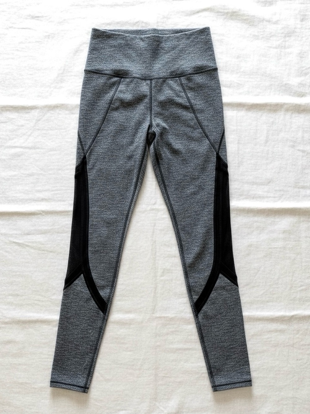High-Waist Grey Athleta Leggings with Black Mesh Panels size small